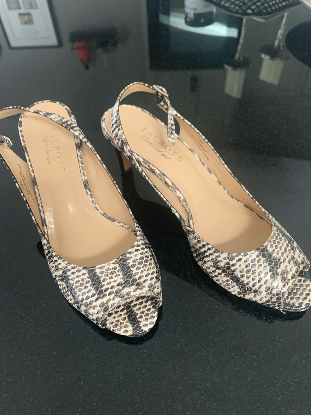 Talbots Black Brown and Cream Snake-Print Slingback Heels